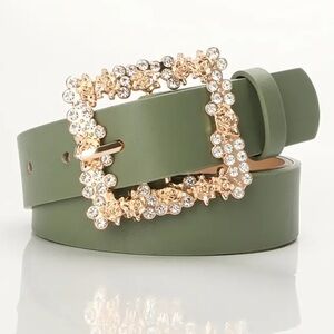 NEW| Women's Green Square Shiny Rhinestone Buckle Belt